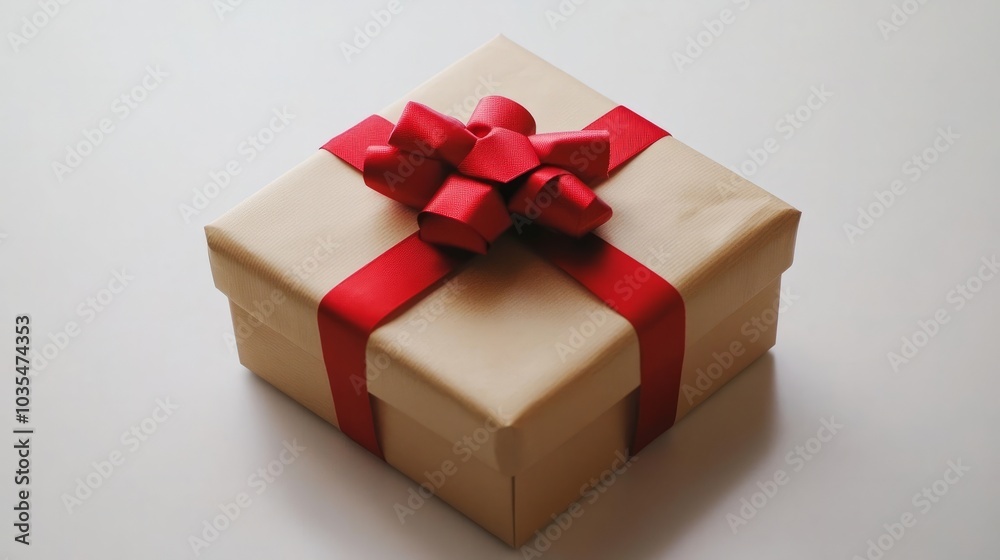 Fototapeta premium A simple gift box wrapped in neutral paper with a red bow, on a plain white surface 