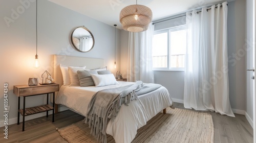 Obraz na płótnie A minimalist Scandinavian bedroom with a double bed and a sleek headboard. The room includes bedside tables, a vanity table with a mirror w salonie