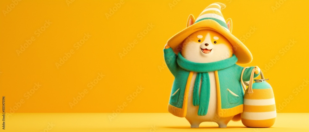 Happy Cartoon banner Dog Dressed as Candy Corn with Striped Hat Festive Halloween Costume Concept with Copy Space Happy Cartoon banner Dog Dressed as Candy Corn with Striped Hat Festive Halloween Costume Concept with Copy Space