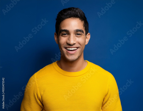 Portrait of Young Handsome Man Happily Smiling Against Blue Studio Background