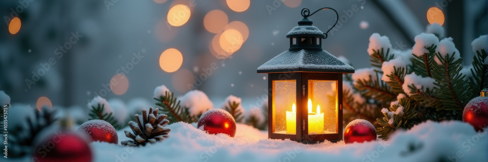 Lantern and red baubles on a snow-covered pine branch with warm glowing lights
