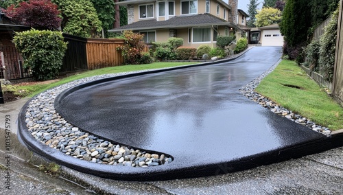 A perfectly rendered photograph of a newly epoxied driveway with small rocks on the edge, in front of a beautiful two-story house