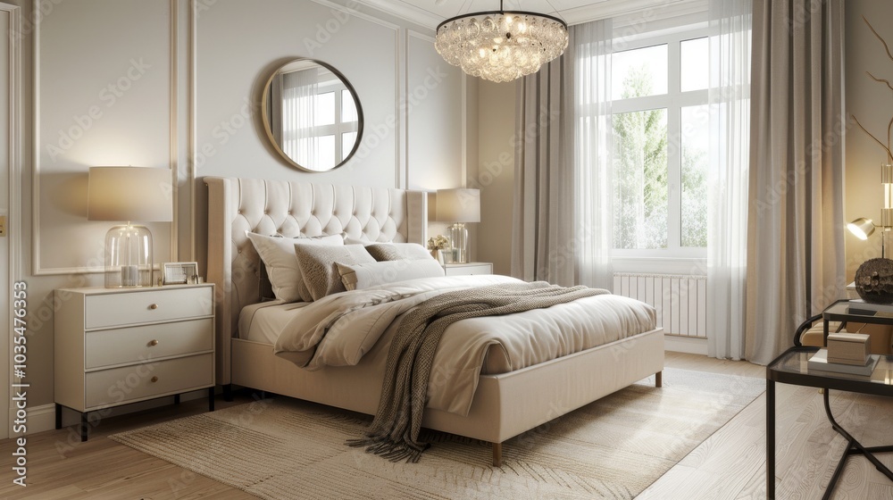 An elegant Scandinavian bedroom with a double bed an upholstered headboard