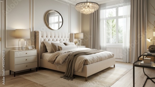 Obraz na płótnie An elegant Scandinavian bedroom with a double bed an upholstered headboard w salonie