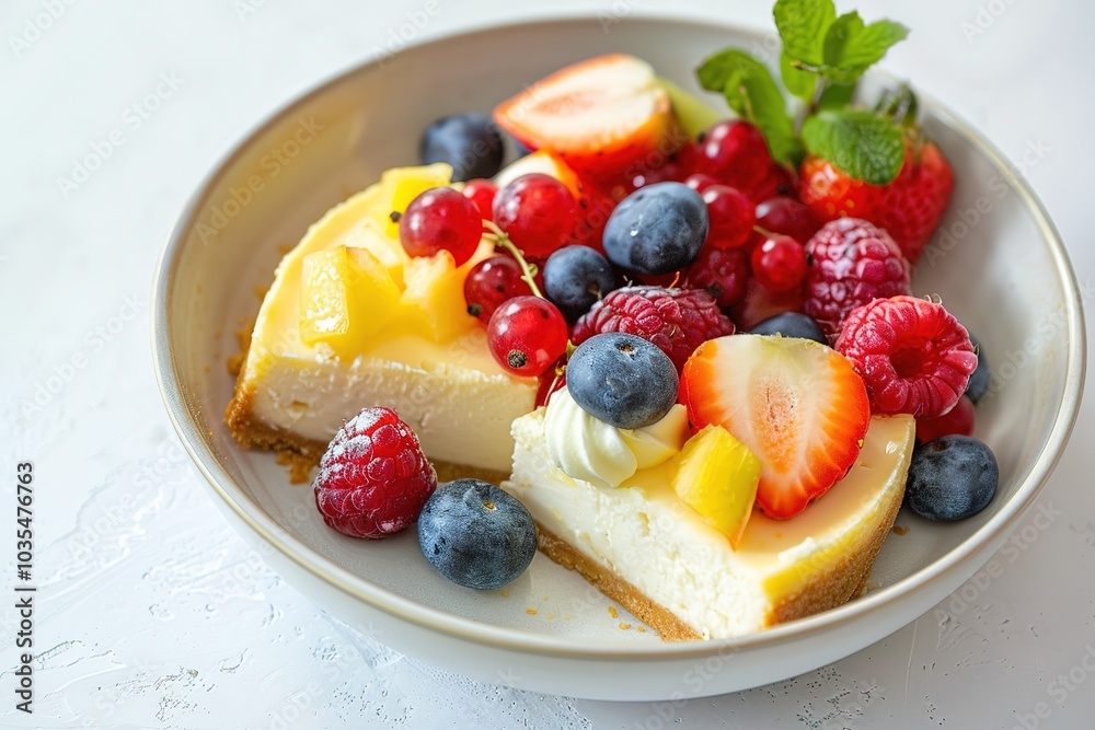 Cheesecake topped with fresh berries and mint on light backdrop Cheesecake topped with fresh berries and mint on light backdrop