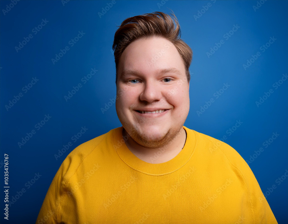 Portrait of Young Handsome Man Happily Smiling Against Blue Studio Background Portrait of Young Handsome Man Happily Smiling Against Blue Studio Background