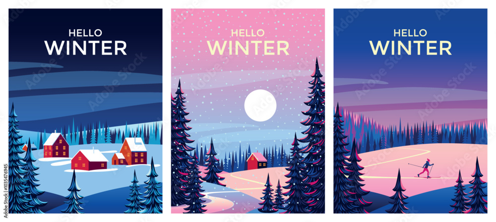 © alaver - Vector Set of 3 winter season landscapes. Pine trees in the first plan and village and forest under the snow in the background. Handmade drawing vector illustration. © alaver - Vector Set of 3 winter season landscapes. Pine trees in the first plan and village and forest under the snow in the background. Handmade drawing vector illustration.