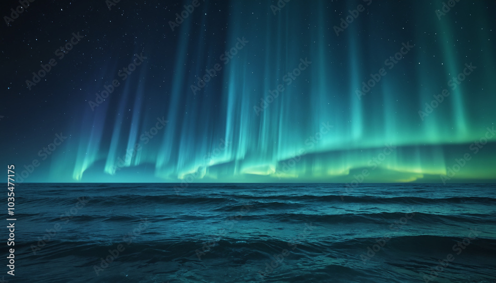 Naklejka premium A breathtaking display of the aurora borealis over the ocean, perfect for travel, nature photography, and seasonal decor.