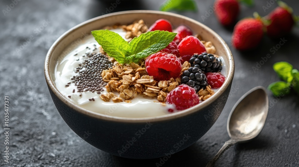 A nutritious bowl of yogurt topped with granola, fresh fruits, and chia seeds, perfect for a simple, healthy breakfast or snack A nutritious bowl of yogurt topped with granola, fresh fruits, and chia seeds, perfect for a simple, healthy breakfast or snack