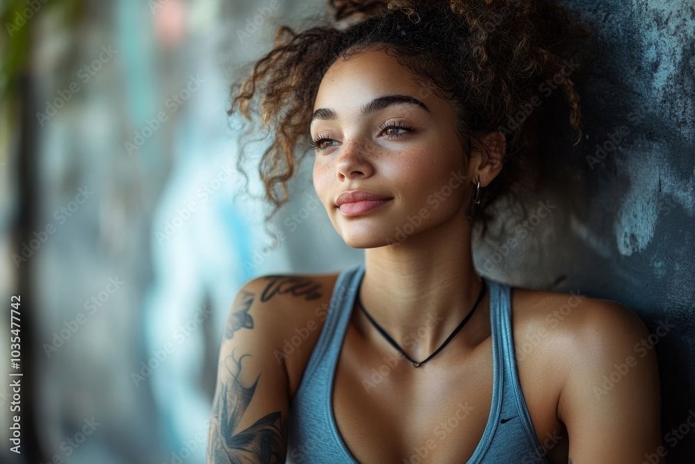 Woman relaxing after workout session at fitness studio, Generative AI Woman relaxing after workout session at fitness studio, Generative AI