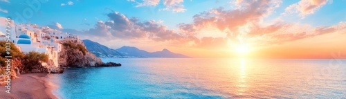 A stunning coastal landscape at sunset, blending soft blues, warm oranges, and gentle waves with serene mountains in the background.