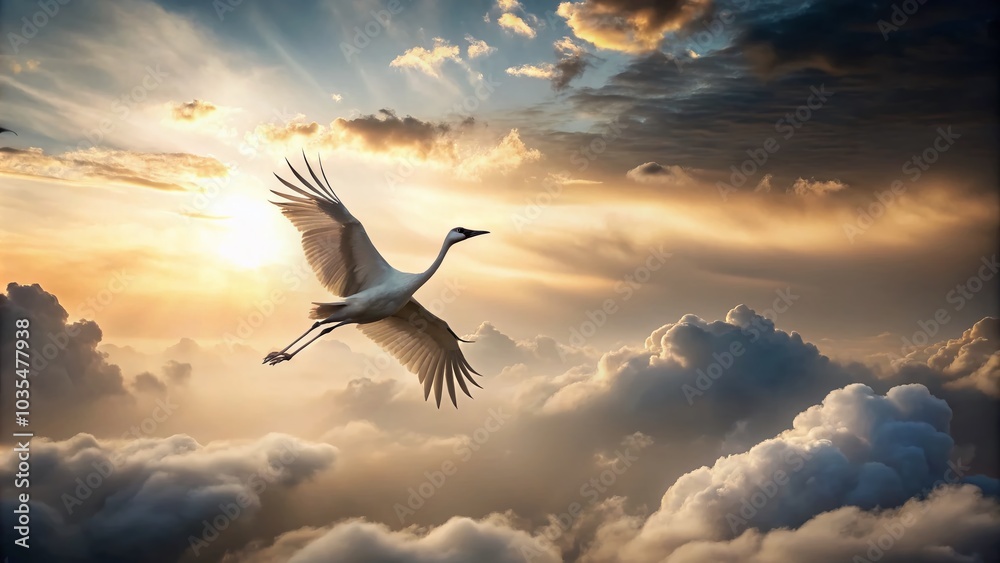 Fototapeta premium Monochrome Aerial Illustration of a Flying Crane in the Sky for Nature and Wildlife Themes