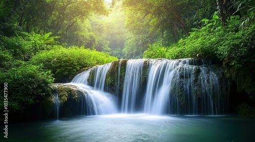 Serene waterfall cascading into a tranquil pool surrounded by lush greenery in a tranquil forest setting