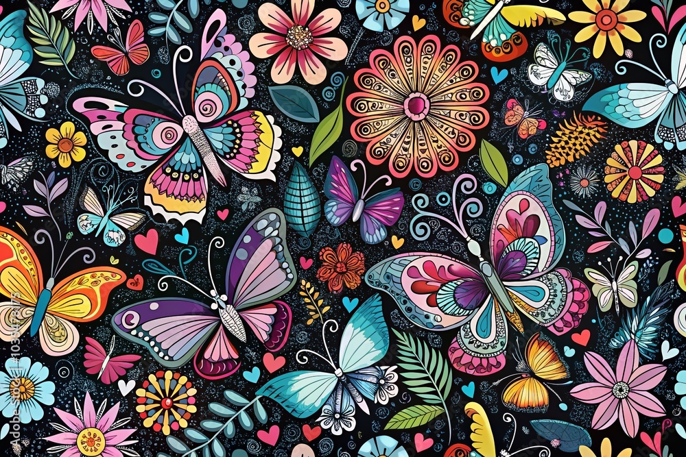 Fototapeta premium Monochrome Spring Pattern with Butterflies, Flowers, and Hearts in Doodle Style for Seamless Background Design