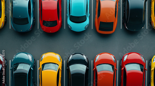 Aerial shot of a crowded parking lot, colorful cars creating a mosaiclike pattern