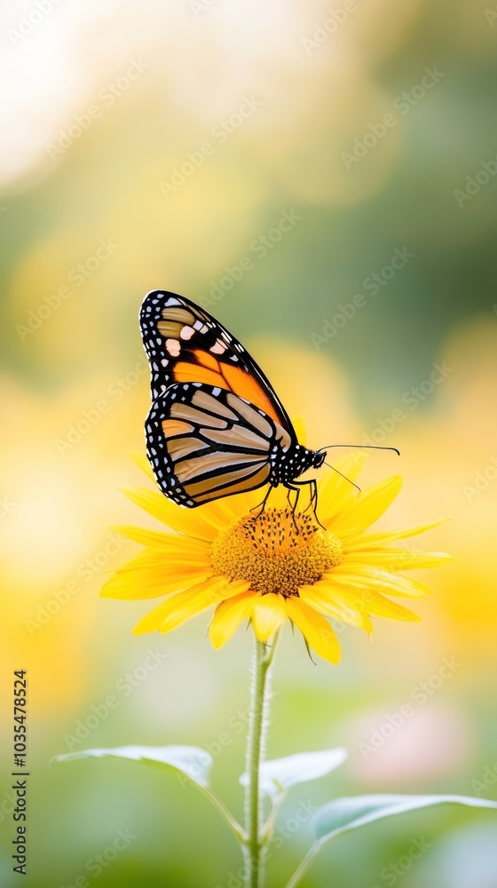 A vibrant butterfly perched on a bright sunflower, showcasing the beauty of nature in a soft, blurred background. A vibrant butterfly perched on a bright sunflower, showcasing the beauty of nature in a soft, blurred background.