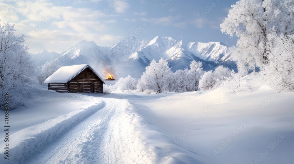 Naklejka premium A serene winter landscape featuring a cozy cabin amid snow-covered trees and mountains under a clear blue sky.