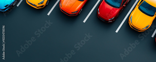 Aerial image of a busy parking lot, bright colorful cars forming a striking geometric arrangement