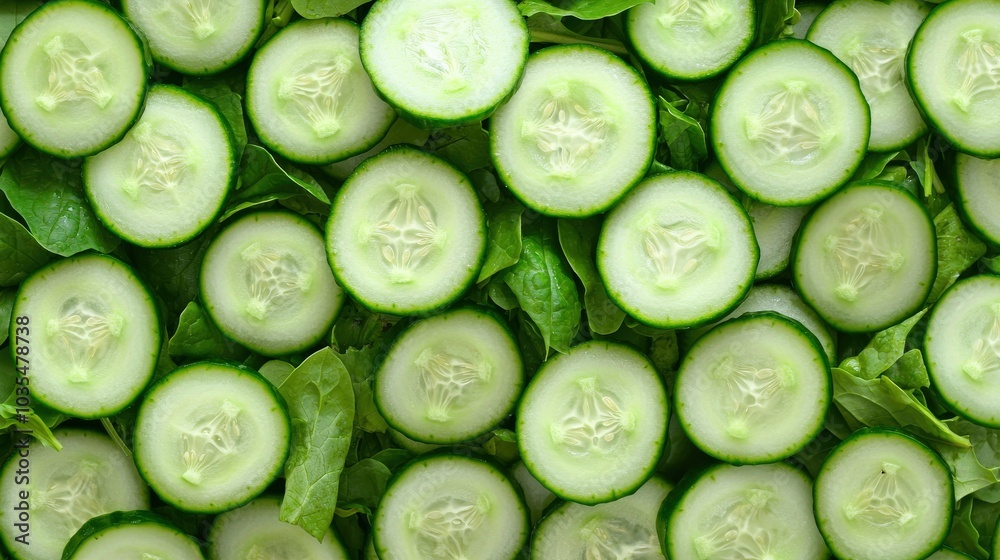 Fresh and Vibrant Sliced Cucumbers on a Bed of Greens Perfect for Salads and Healthy Dishes Fresh and Vibrant Sliced Cucumbers on a Bed of Greens Perfect for Salads and Healthy Dishes