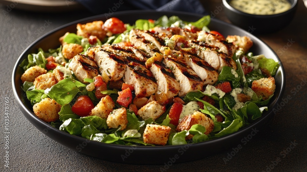 A grilled chicken Caesar salad with whole-wheat croutons and a light dressing, providing a nutritious and protein-rich meal A grilled chicken Caesar salad with whole-wheat croutons and a light dressing, providing a nutritious and protein-rich meal