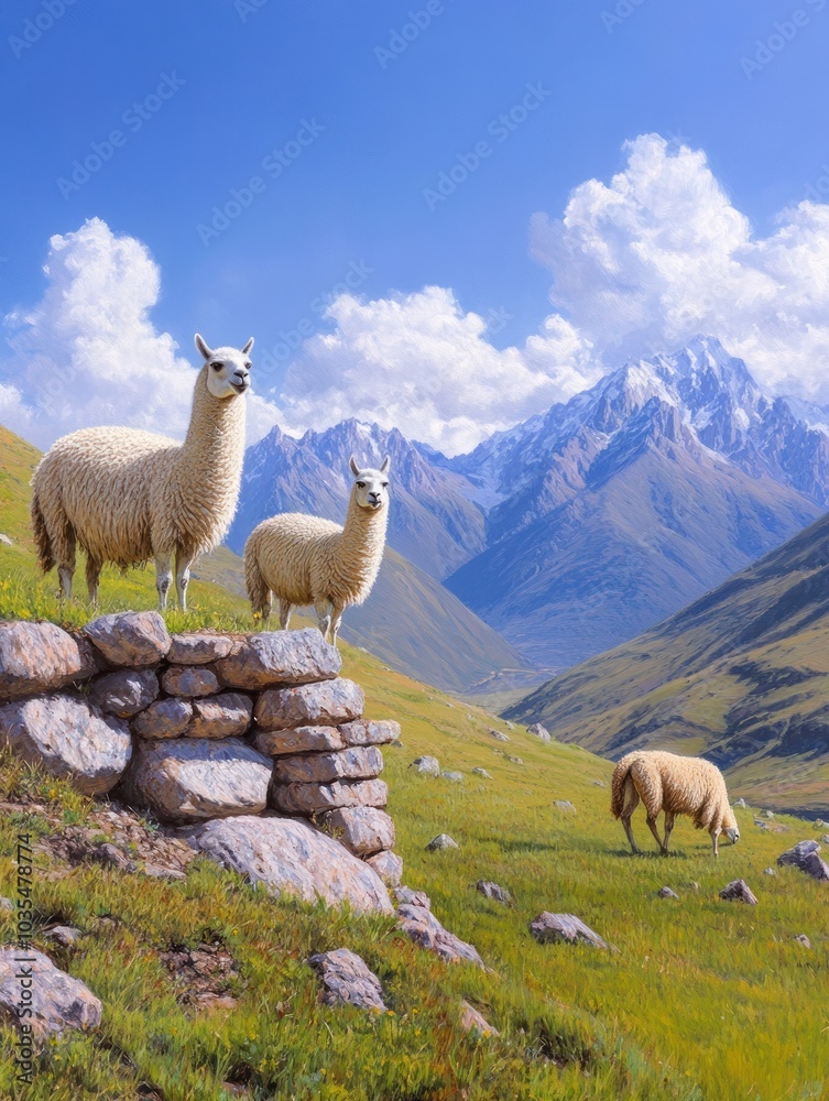 Naklejka premium Three llamas stand on a stone structure, surrounded by lush green hills and majestic mountains under a bright blue sky with fluffy clouds.