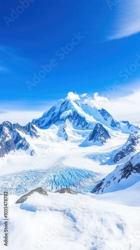 Majestic snow-covered mountain peaks under a clear blue sky, showcasing a stunning glacier and vibrant natural landscape.