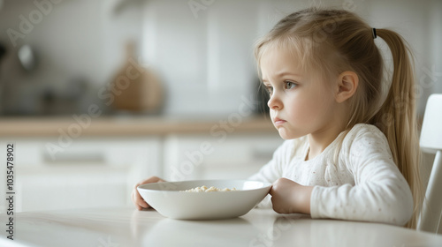 A child doesn't want to eat a healthy breakfast. Porridge for breakfast.