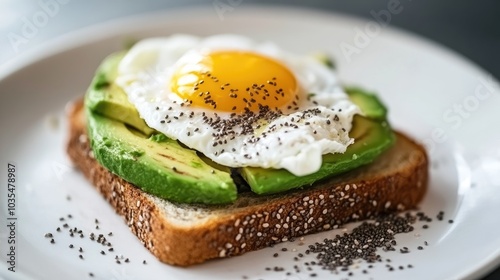 A healthy avocado toast with a poached egg and a sprinkle of chia seeds, combining simplicity with high nutritional value