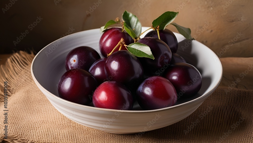 A white ceramic bowl filled with ripe plums, some with leaves still attached. A white ceramic bowl filled with ripe plums, some with leaves still attached.