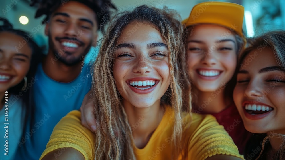 Energetic friends dancing in front of a camera phone, Generative AI Energetic friends dancing in front of a camera phone, Generative AI