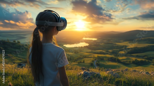 Child with VR headset enjoying a beautiful sunset over a scenic landscape.