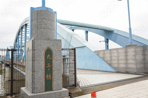 青いアーチ型の丸子橋とその周辺風景 photo