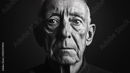 Portrait of an elderly man with deep wrinkles and intense expression against a dark background, capturing the essence of age and wisdom