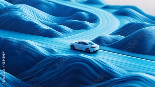 Fototapeta Naklejka Na Ścianę i Meble -  A 3D car driving on a 2D illustrated road blending realism and abstraction