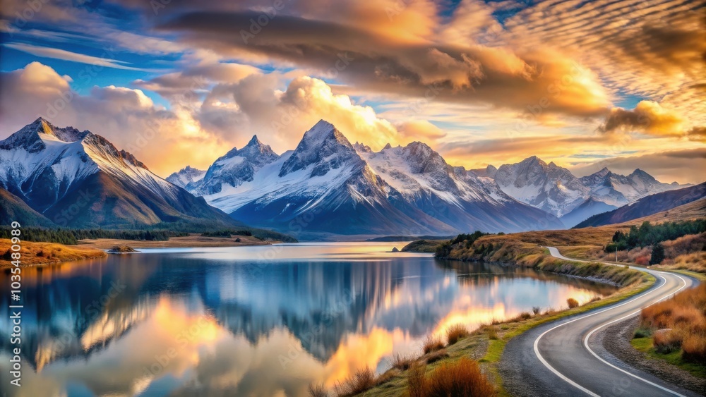 Obraz premium A winding road leads towards a majestic mountain range reflected in a serene lake at sunrise.