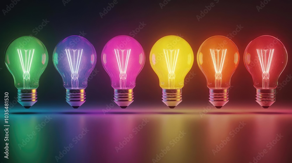 Colorful Light Bulbs in a Row on Dark Background Colorful Light Bulbs in a Row on Dark Background