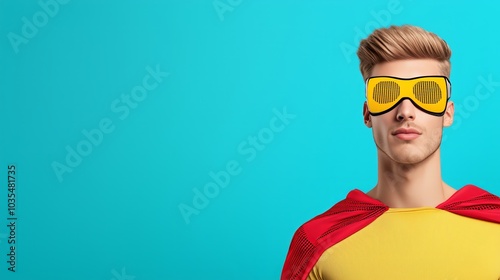 Pop art comic book hero costume with bold primary colors, halftone textures, exaggerated features, retrofuturistic background, vibrant