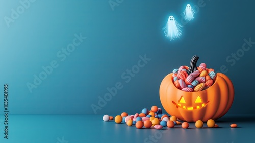 Neonwrapped candy spilling out from a pumpkinshaped candy holder, with holographic ghosts hovering above, Psychedelic, high contrast, glowing lights photo