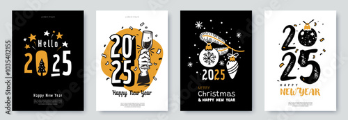 Merry Christmas and Happy New Year 2025 a4 poster collection in hand drawn doodle style. Greeting card design with creative minimalistic graphics and typography. Ideal for social media, banner, print.