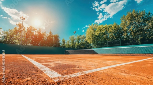 New private tennis court stadium with red ground without people during the summer