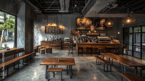 A cozy coffee shop interior features a wooden counter displaying baked goods and an attentive barista during the morning rush in an urban area