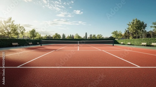 New private tennis court stadium with red ground without people during the summer