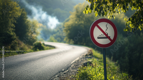 A roadside sign displaying a no smoking logo, positioned to remind passersby of the smoking prohibition in a public zone.