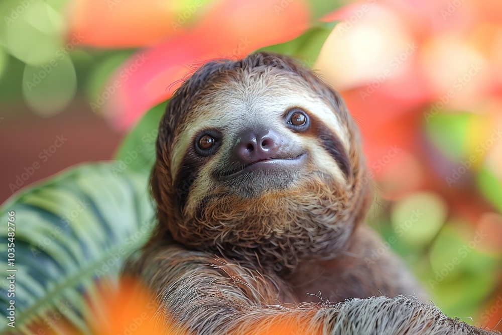 Fototapeta premium Smiling sloth hanging in lush foliage, vibrant colors.
