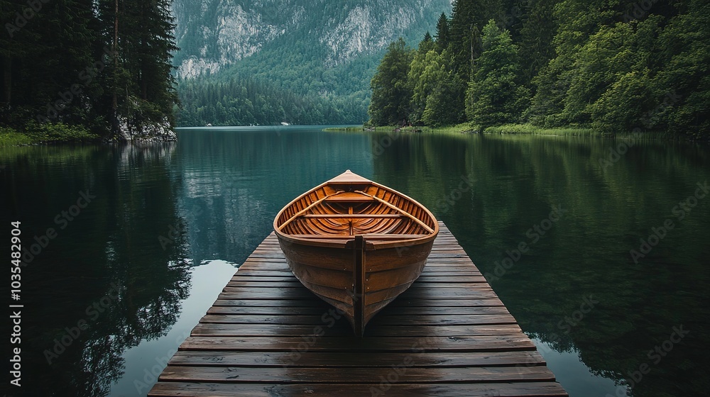 A solitary wooden boat rests calmly on a quiet lake at dawn, reflecting the stillness of nature's beauty surrounding it A solitary wooden boat rests calmly on a quiet lake at dawn, reflecting the stillness of nature's beauty surrounding it