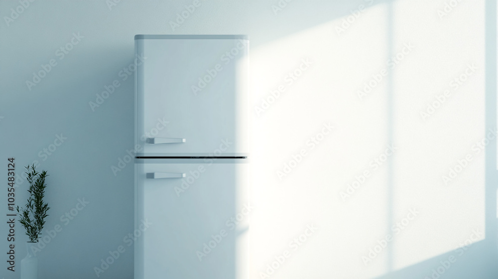 Modern White Refrigerator in Minimalist Kitchen Interior Modern White Refrigerator in Minimalist Kitchen Interior