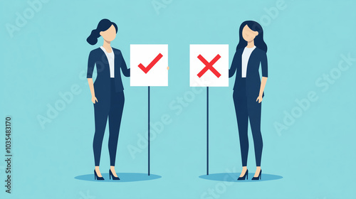 Contrasting decisions: businesswomen holding checkmark and cross signs for choice illustration