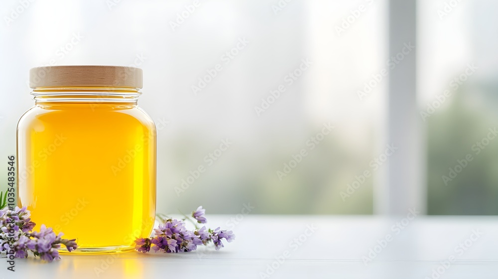 Hand-crafted honey jar with wooden dipper, beeswax candles and wildflowers, rustic kitchen shelf, soft shadows, isolated on white background