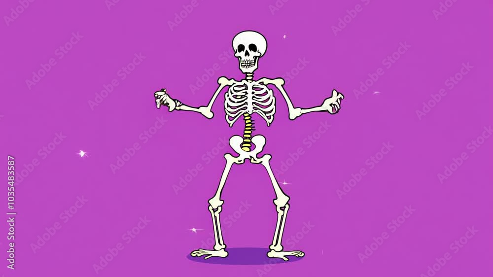 skeleton standing with a fun pose against a vibrant purple background, giving off a lighthearted and quirky skeleton standing with a fun pose against a vibrant purple background, giving off a lighthearted and quirky
