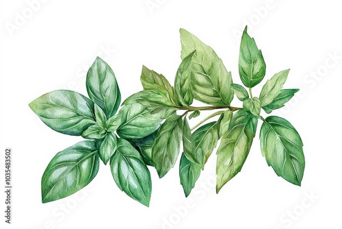 Lush Green Basil Leaves in Watercolor Illustration Capturing the Essence of Nature's Freshness and Vibrancy